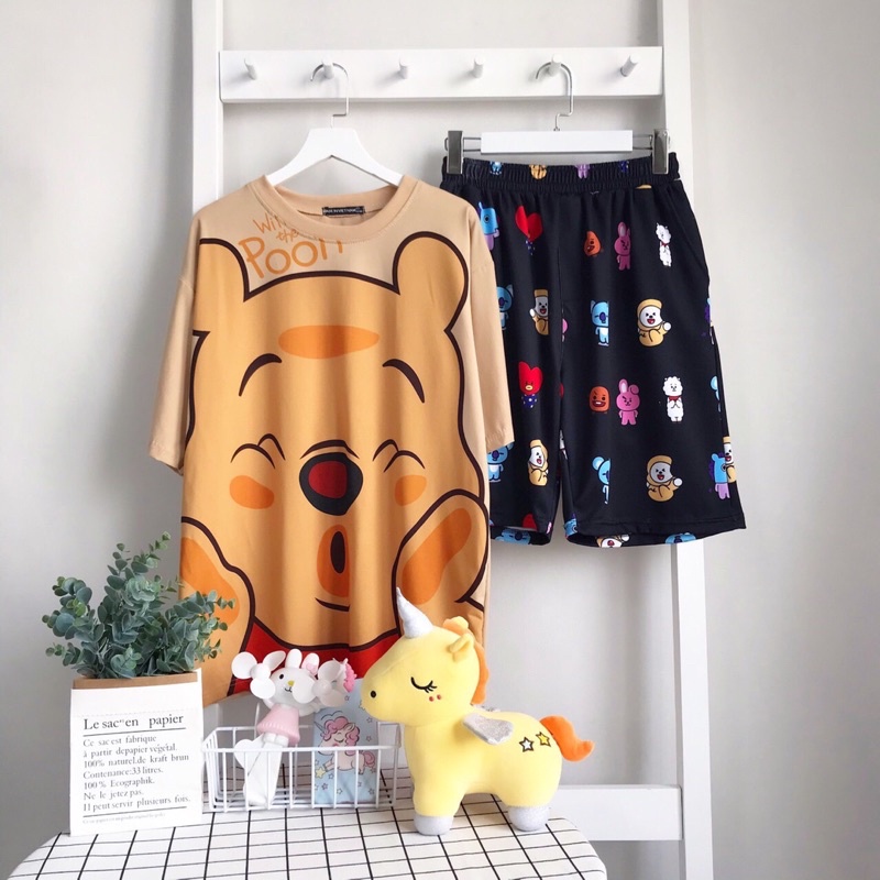 Set bộ Cartoon GẤU POON  phối quần đùi hoạt hình mặc nhà from rộng Unisex Freesize 38-70kg Nam nữ