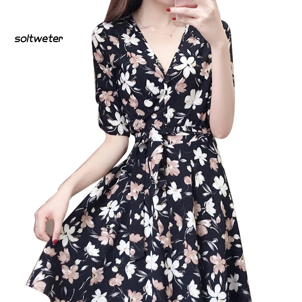 Đầm Tay Ngắn Cổ Chữ V In Hoa Thời Trang