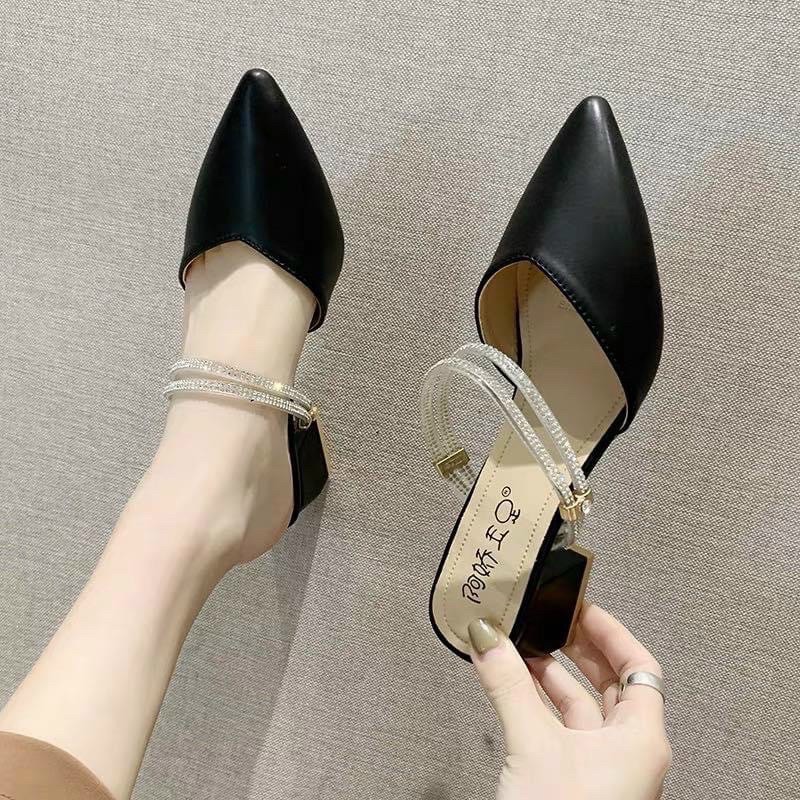 Guốc Sục Cao Gót Mũi Nhọn Dây Đá Đi Được 2 Kiểu Cao 5P C39