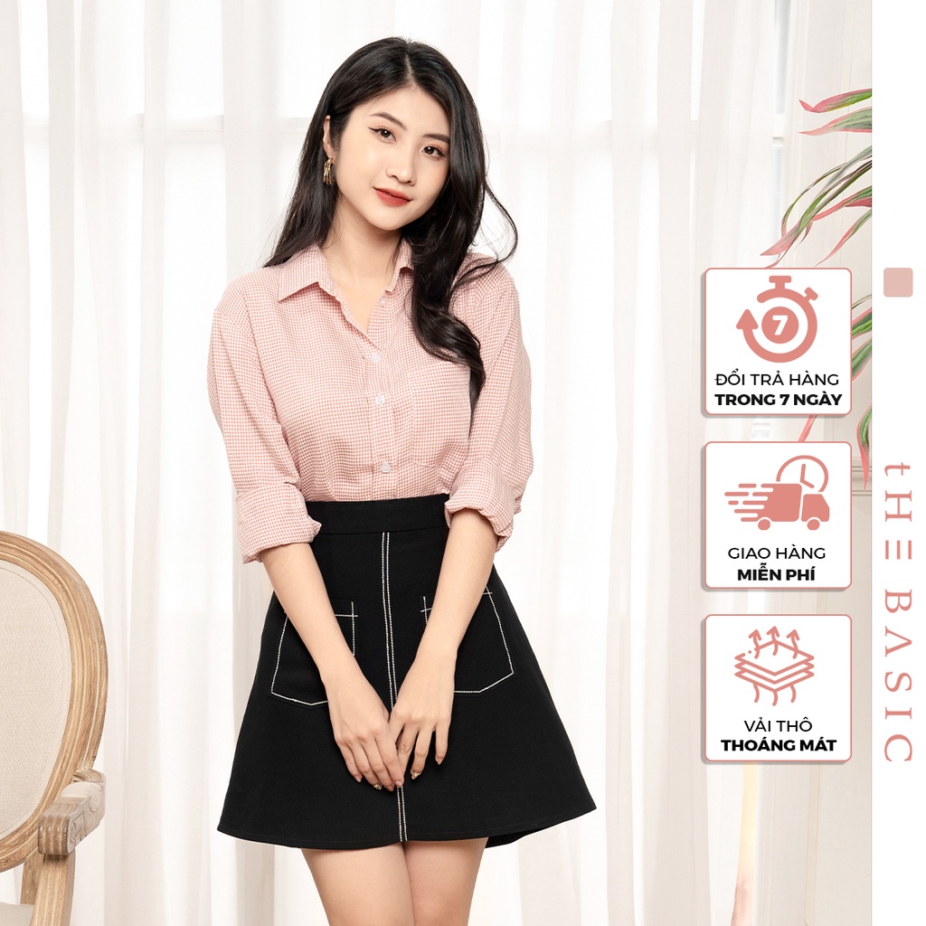 Áo sơ mi nữ dài tay The Basic kẻ hồng trẻ trung vải thoáng mát thời trang công sở