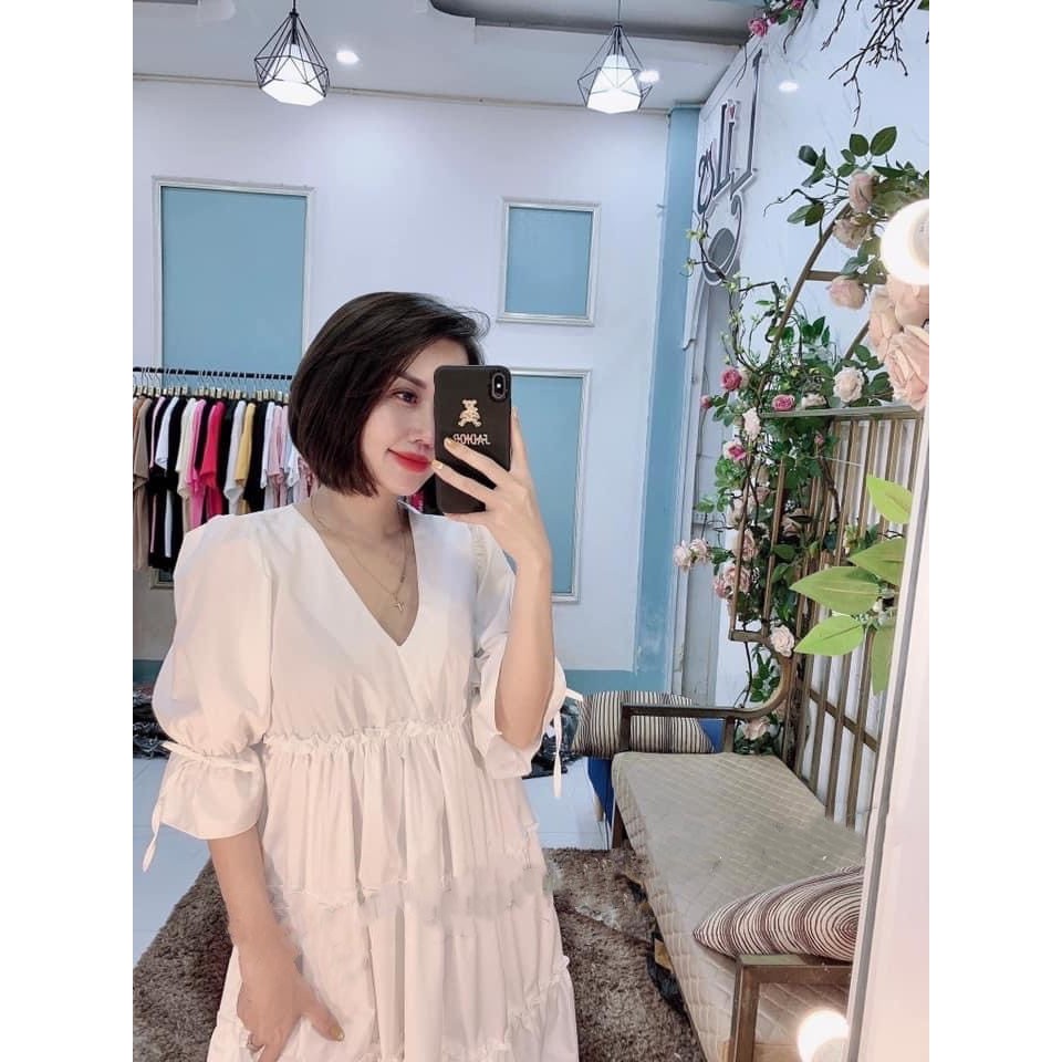 Váy bầu trắng dáng babydoll xếp bèo tầng- Đầm bầu tay cách điệu sang chảnh mặc đi làm đi chơi đều đẹp V272