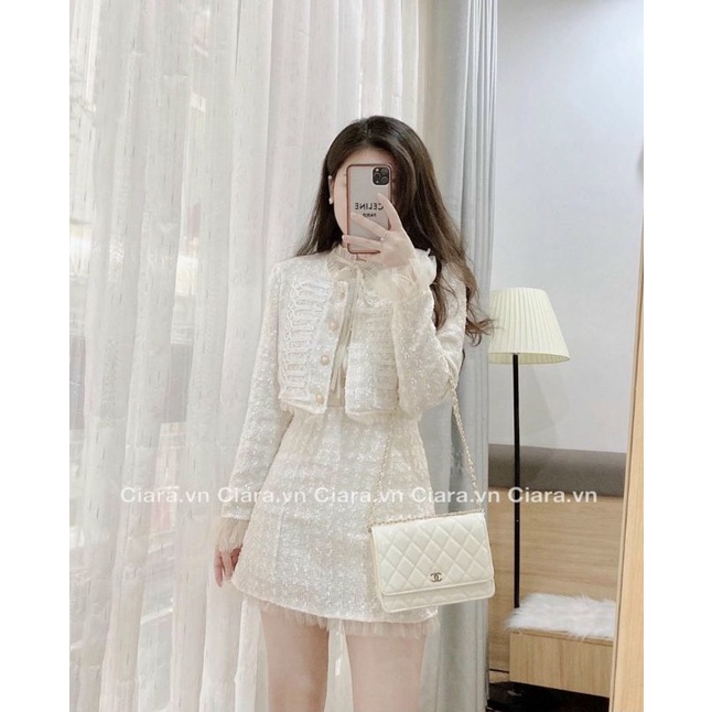 Set dạ tweed 3 món màu trắng