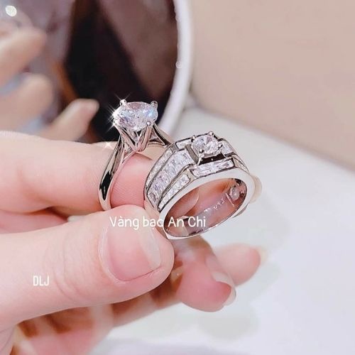 Nhẫn đôi bạc ta xi bạch kim - Nhẫn cặp nam nữ đính đá sang trọng, ACJM340W200