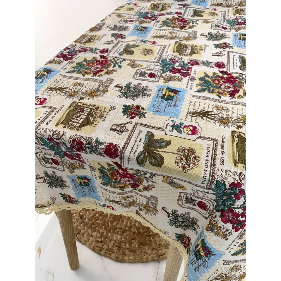 Khăn trải bàn vải canvas VIỀN REN họa tiết SÂN VƯỜN phong cách Nhật Bản nhẹ nhàng vintage
