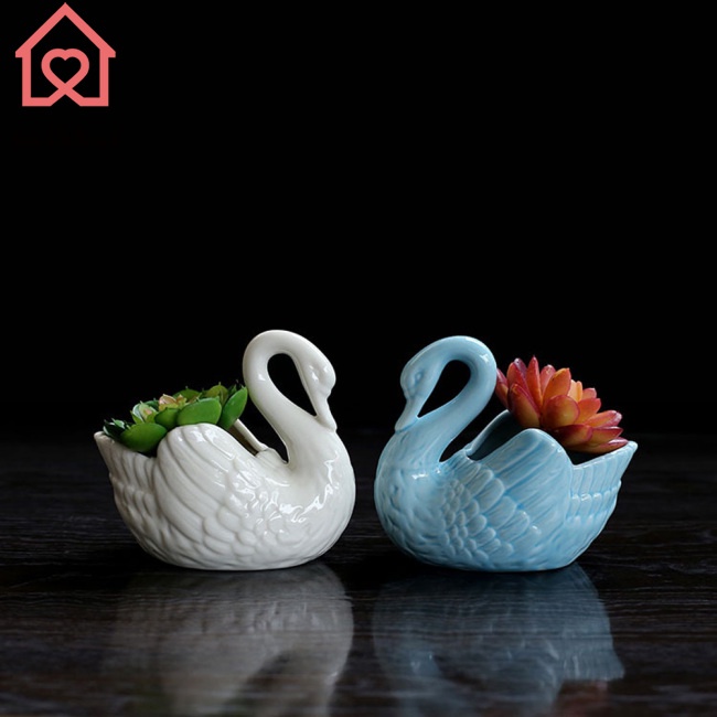 Chậu Hoa Gốm Sứ Hình Thiên Nga Màu Xanh Dương