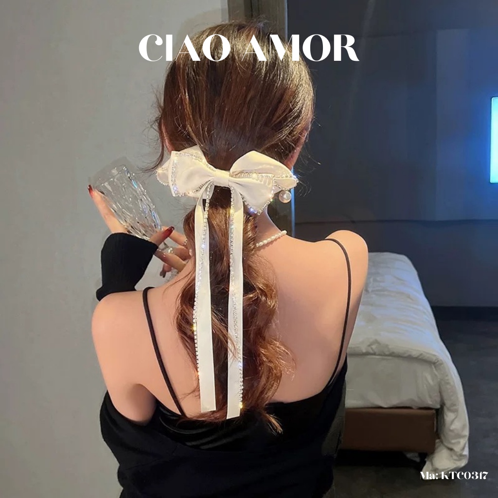 Kẹp tóc nữ, Kẹp nơ lụa nơ đính đá dây dài tiểu thư công chúa Phụ kiện tóc Trang sức Ciao Amor - KTC0317