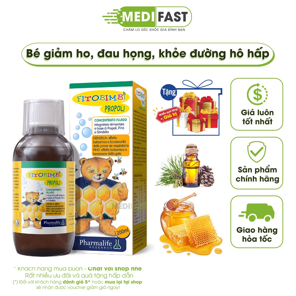 Siro cho bé Fitobimbi Propoli 200ml, giảm ho, giảm đau họng, tăng cường sức khỏe đường hô hấp trên, tăng hệ miễn dịch