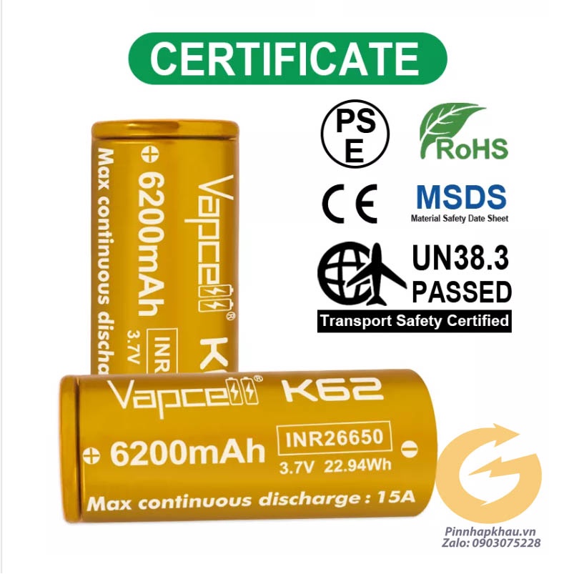 Pin sạc 26650 Vapcell K62 dung lượng thật lớn nhất 6200mah xã 15A Liên tục