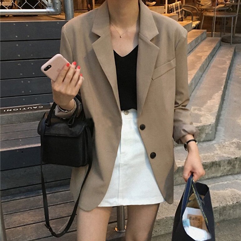 Áo Khoác Vest Màu Đen / Kaki Dáng Rộng Phong Cách Anh Quốc Thời Trang Thu Đông Cho Nữ Blazer