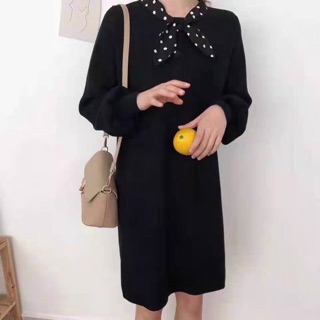Váy len tăn cổ nơ chấm bi