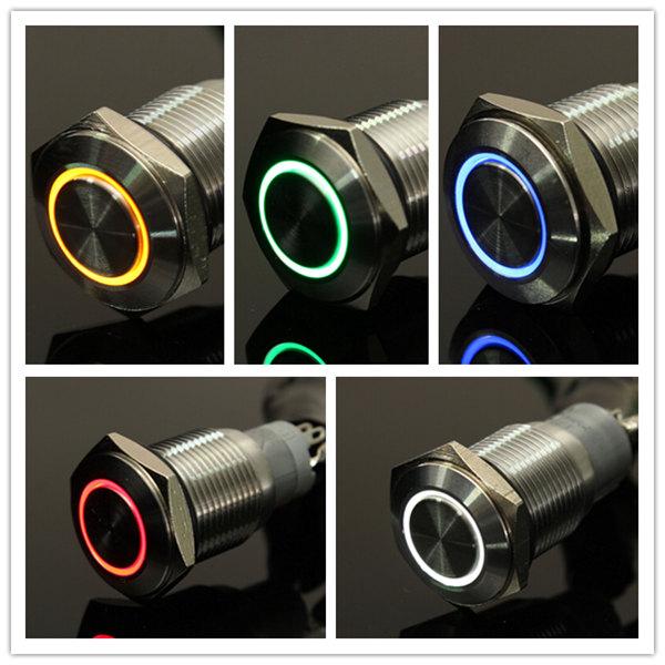 12V 16mm Latching Angel Eye LED Push Button Switch Flat Head Metal illuminated