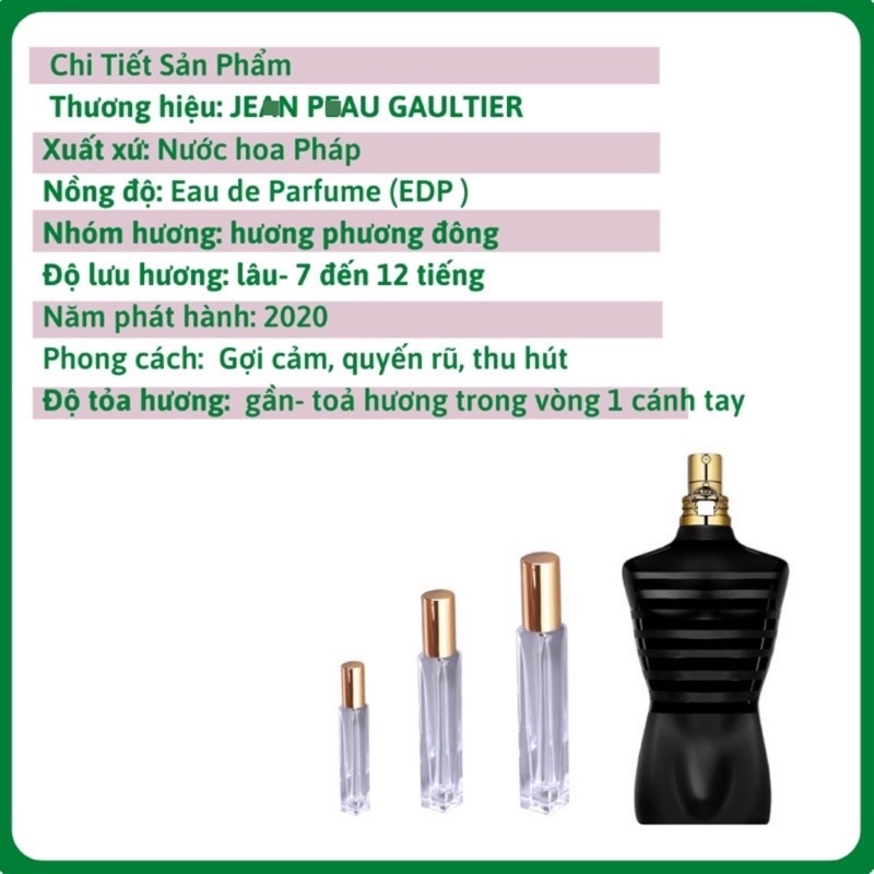 Nước hoa nam Je.an Pe.au Gaul.tier Le Male le, Le Male, Le beau mẫu chiết dùng thử 2ml,5ml,10ml,20ml chính hãng