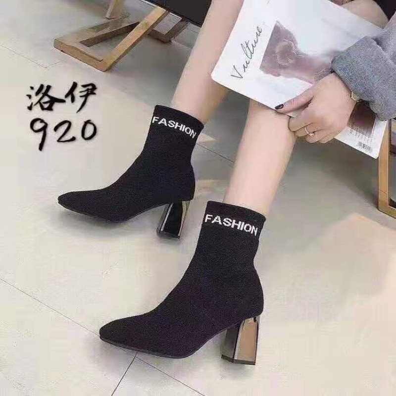 Boot Len Nữ Cao Cổ Lửng Gót Trụ Bạc Tráng Gương Cao 7 phân Hàng Quảng Châu (Bốt Len Mịn Ôm Chân)