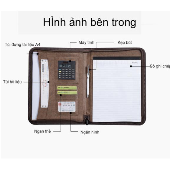 Cặp đựng tài liệu văn kiện khổ A4 đa năng có ngăn đựng máy tính bỏ túi và thẻ tín dụng - HanruiOffical