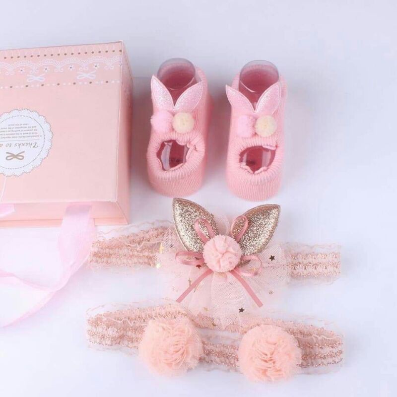 Set 2 băng đô turban và tất vớ chân len cho bé sơ sinh