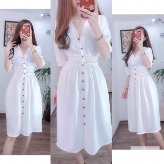 Váy cổ V phối cúc dọc