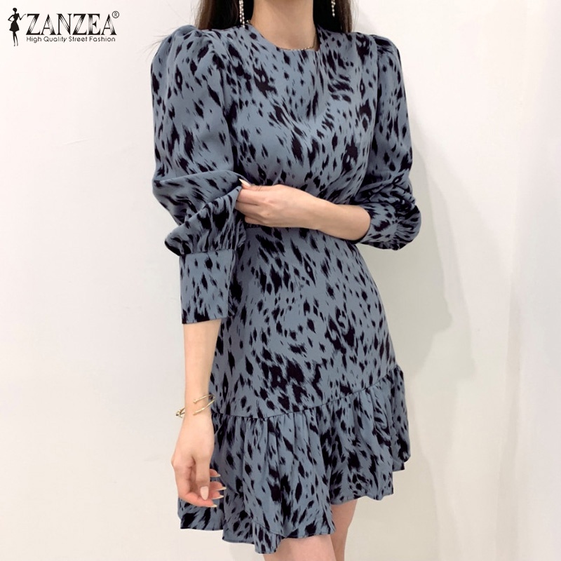 Đầm mini ZANZEA tay phồng cổ tròn dáng chữ A nhún bèo phong cách hàn quốc thời trang thanh lịch cho nữ
