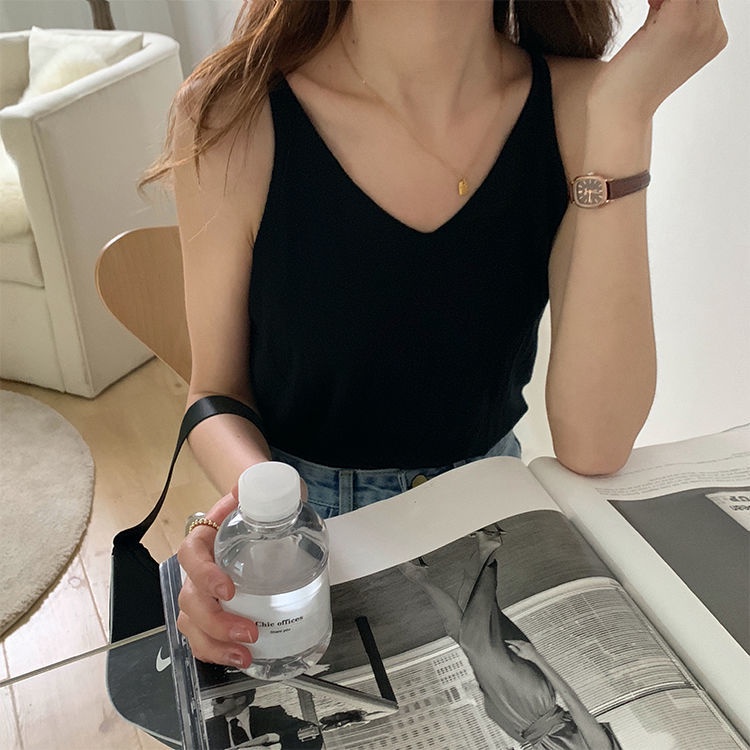 Áo dệt kim hai dây cổ chữ V thời trang Hàn Quốc