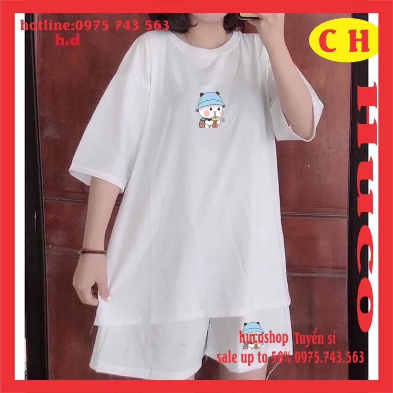sét đồ bộ nam nữ áo thun hè ngắn tay in logo trà sữa chất cotton + quần đùi ông rộng form rộng chuẩn ảnh unisex freesize