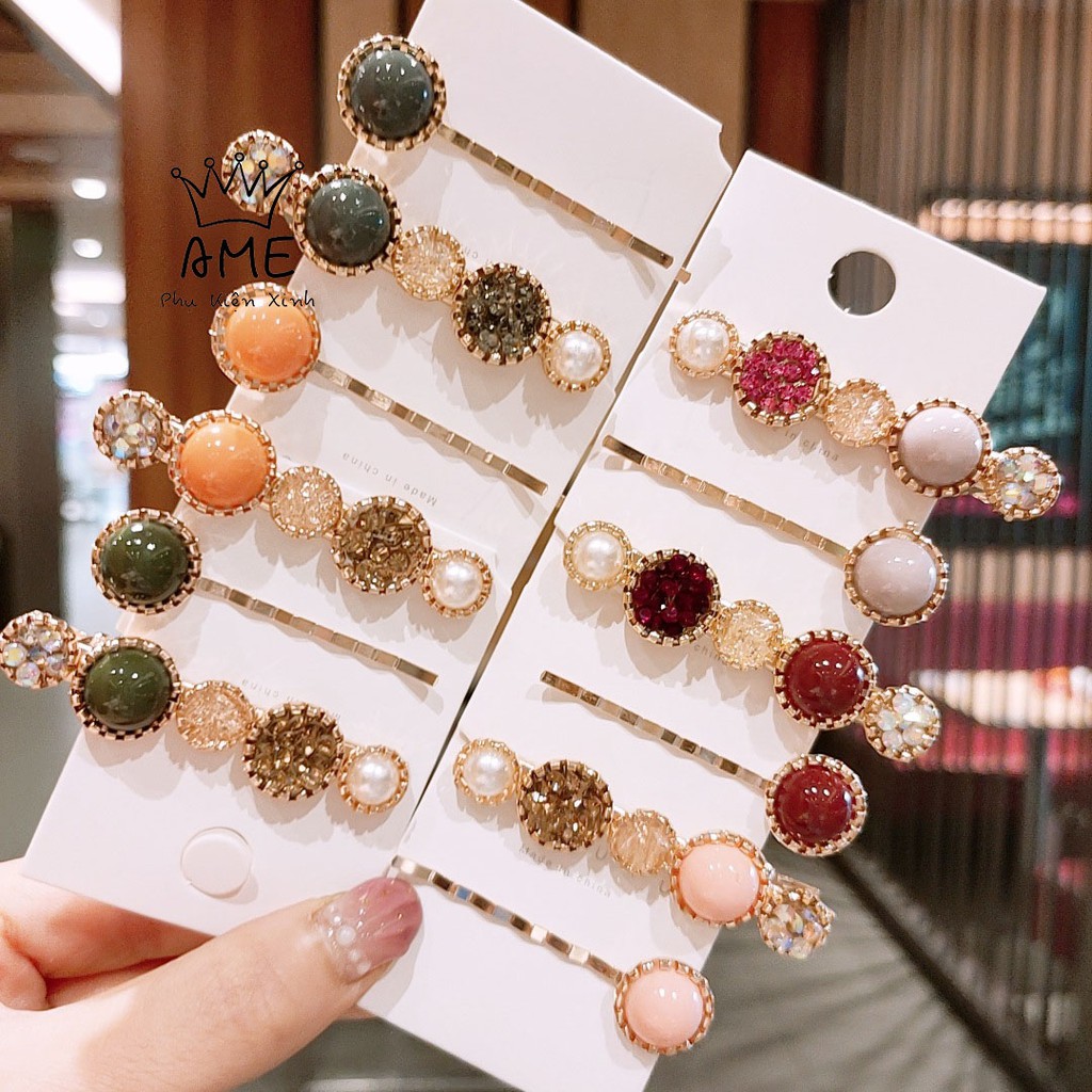Bộ kẹp tóc đính đá cặp tóc mái đính hạt trai sang chảnh phong cách Hàn Quốc Ame Beauty