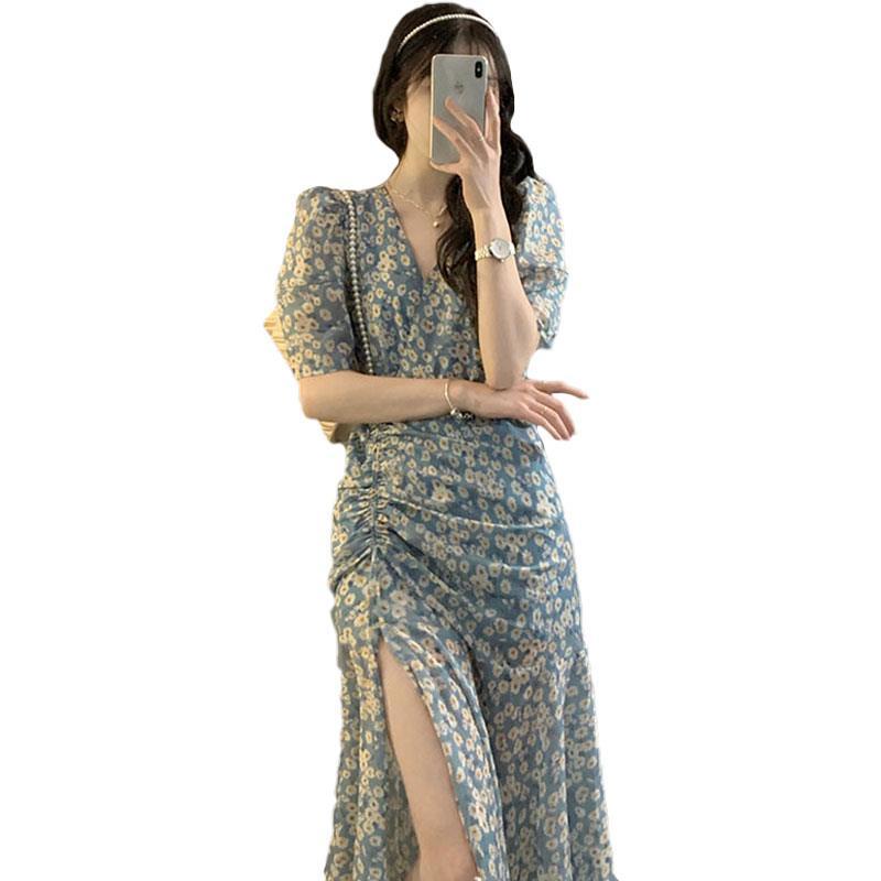 Đầm Dài Xẻ Tà In Họa Tiết Hoa Phong Cách Pháp Cổ Điển Thiết Kế Mới Thời Trang Cho Nữ