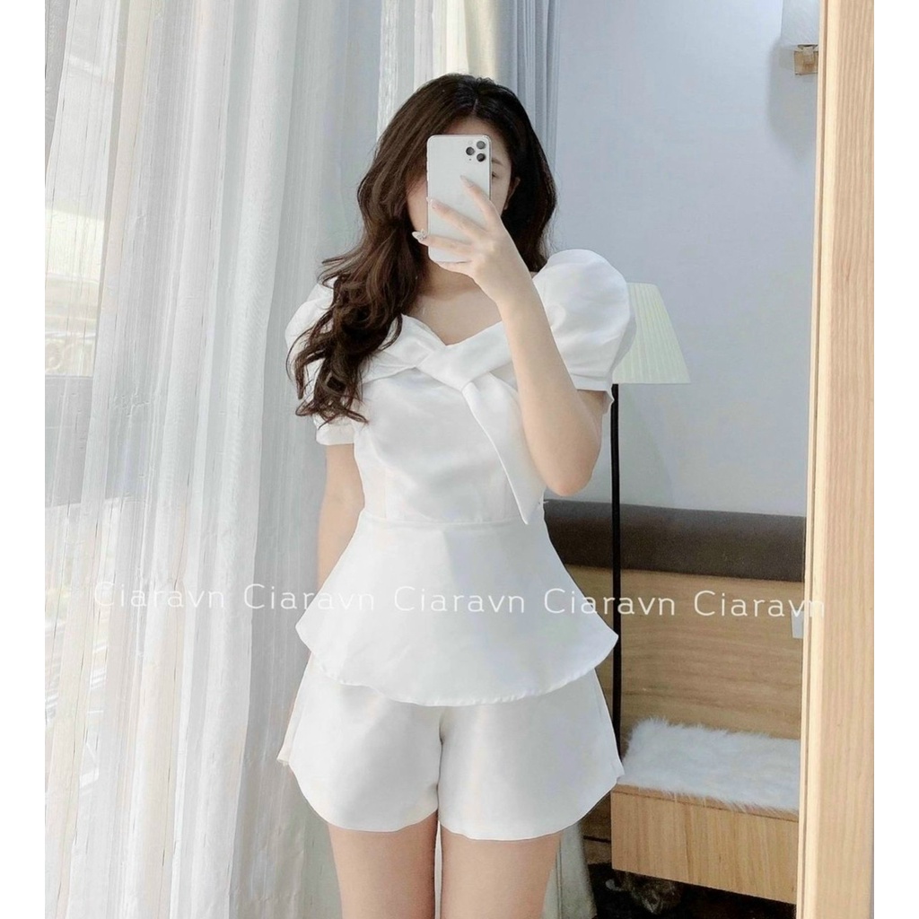 Set sơ mi cổ nơ kèm quần short