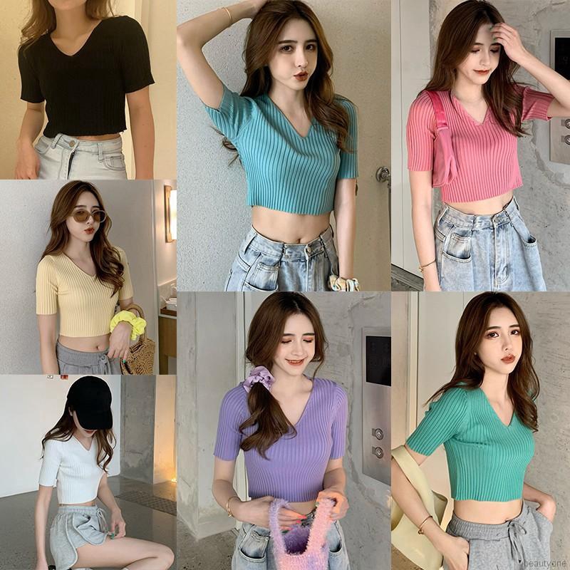 Áo croptop dệt kim tay ngắn thiết kế cổ chữ V nữ tính