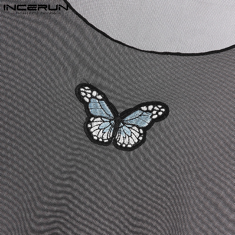 Set áo croptop tay dài xuyên thấu + áo không tay hai dây họa tiết bướm INCERUN thời trang cho nam