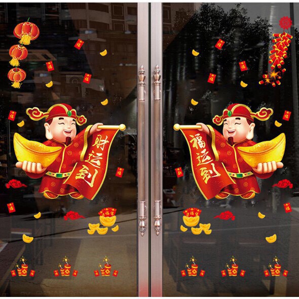 Decal dán tường mẫu thần tài lộc 2 bên chúc mừng năm mới
