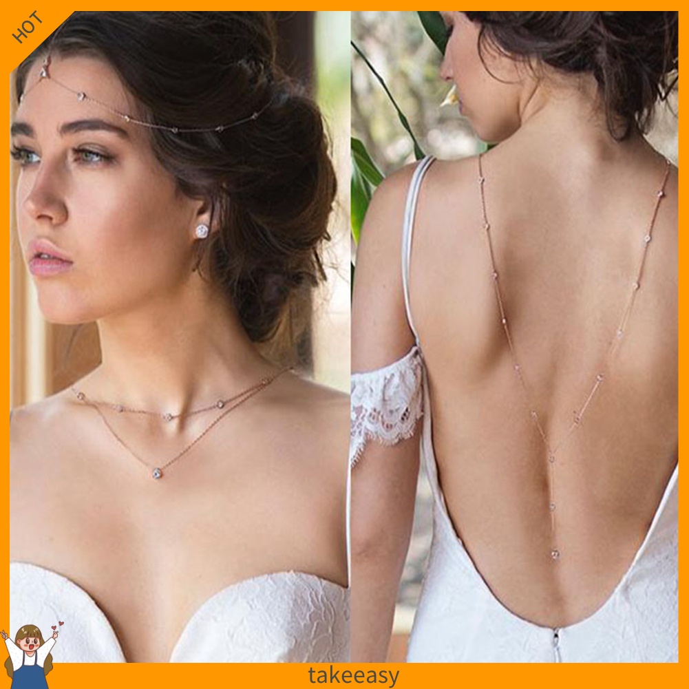 [Hàng Có Sẵn] Vòng cổ Lưng Dài Đính Kim Cương Giả Cho Cô Dâu