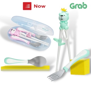 Set 3 Món Đũa Thìa Dĩa Cho Bé Tập Ăn Dặm Cao Cấp Có Hộp