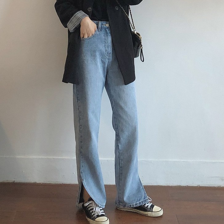 Quần jean nữ ống rộng xẻ LINE phong cách Hàn Quốc siêu HOT