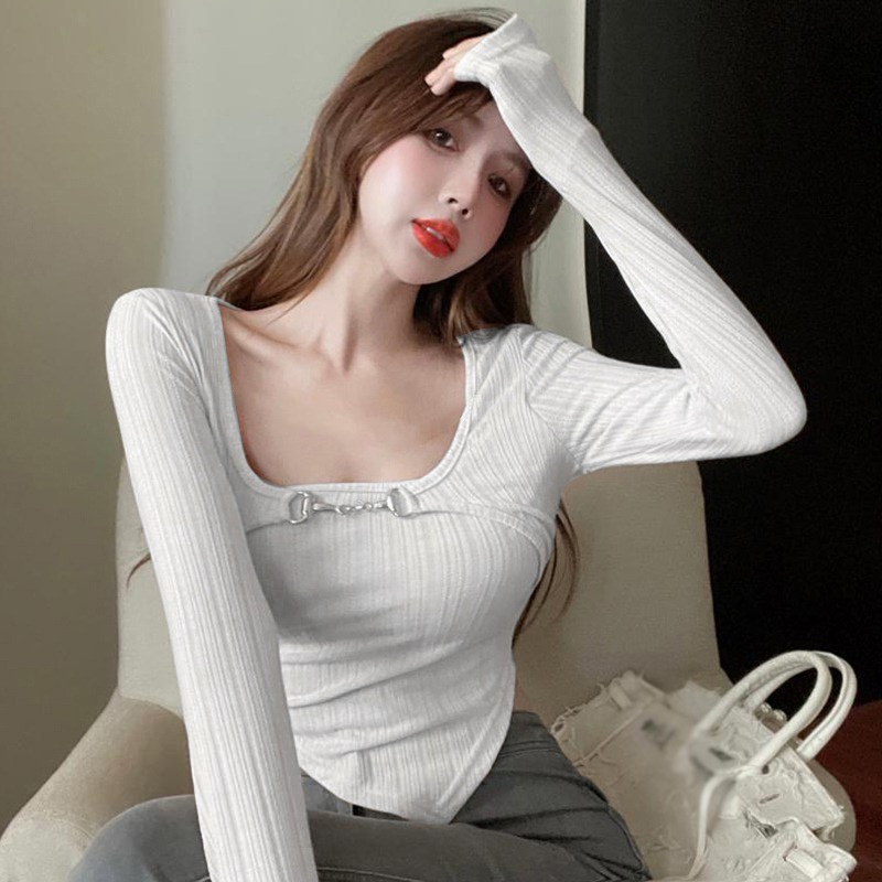 Áo Thun Tay Dài Giả Hai Lớp Màu Trơn Dáng Ôm Phong Cách Thời Trang Hàn Quốc Cho Nữ