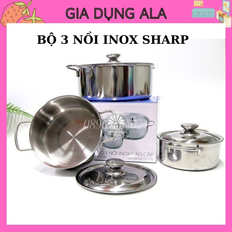 Bộ Nồi Inox Bếp Từ 3 Nồi, Nồi Inox 24cm 20cm 16cm Cao Cấp Dùng Cho Mọi Loại Bếp