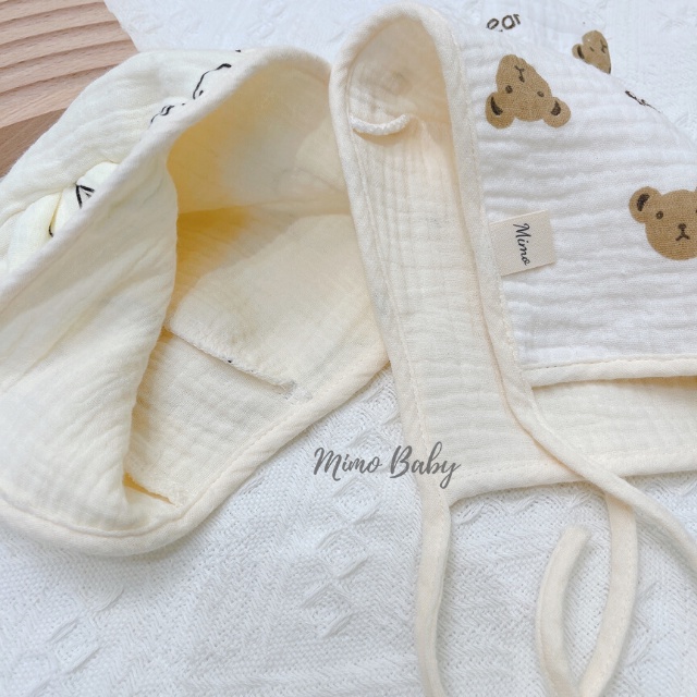 Set mũ tai gấu+yếm cánh hoa vải xô muslin siêu mềm cho bé sơ sinh YC10 Mimo Baby