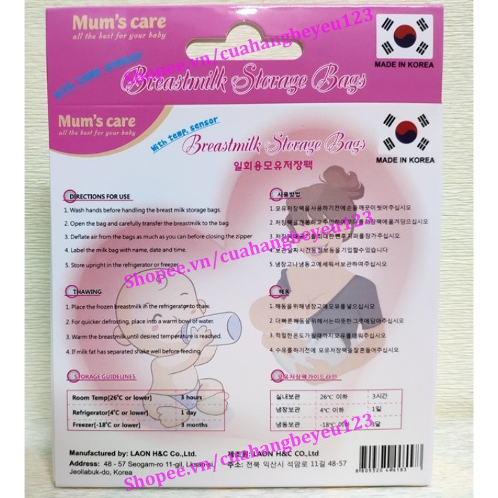 Túi trữ sữa mẹ 210ml có cảm ứng nhiệt 210ml MUM'S CARE -Tốt &amp; rẻ sv Unimom Compact, Sunmum, Spectra, Medela, Mother-K