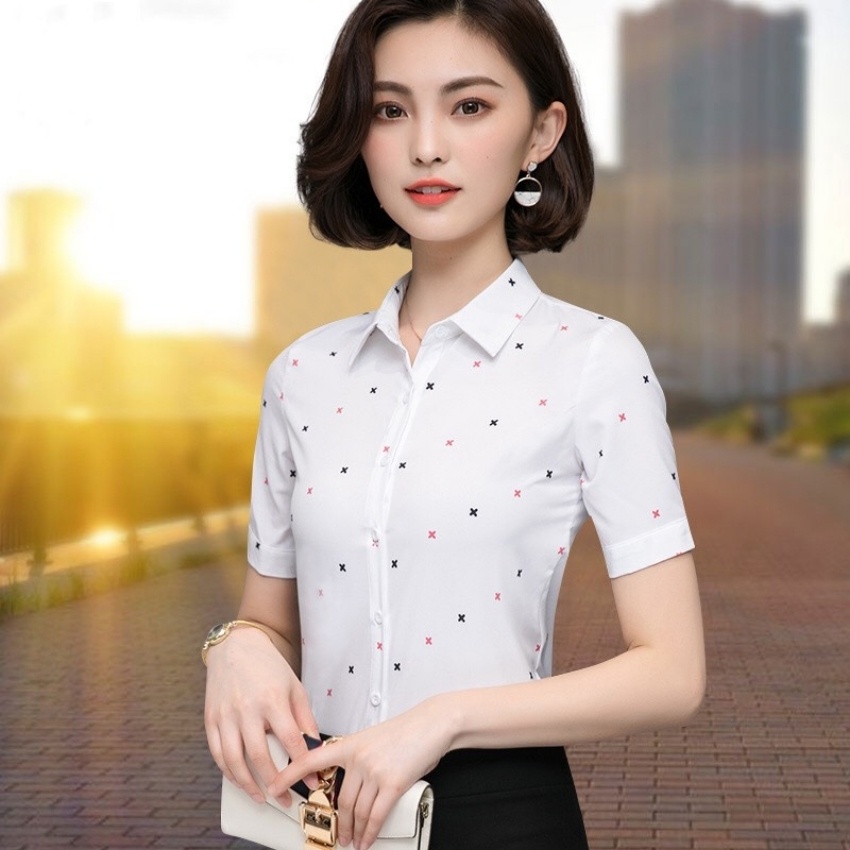 Áo sơ mi nữ ngắn tay phối họa tiết dấu x  Thời trang nữ công sở Thiết kế trẻ trung thanh lịch