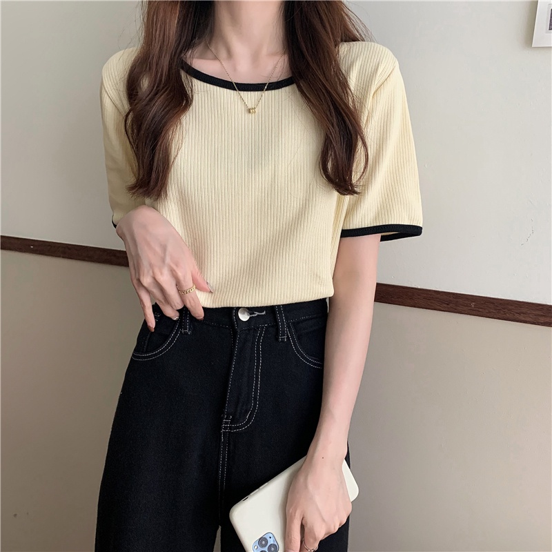 Áo Thun Dệt Kim Tay Ngắn Cổ Tròn Dáng Rộng Phong Cách Hàn Quốc Thời Trang Mùa Hè Cho Nữ