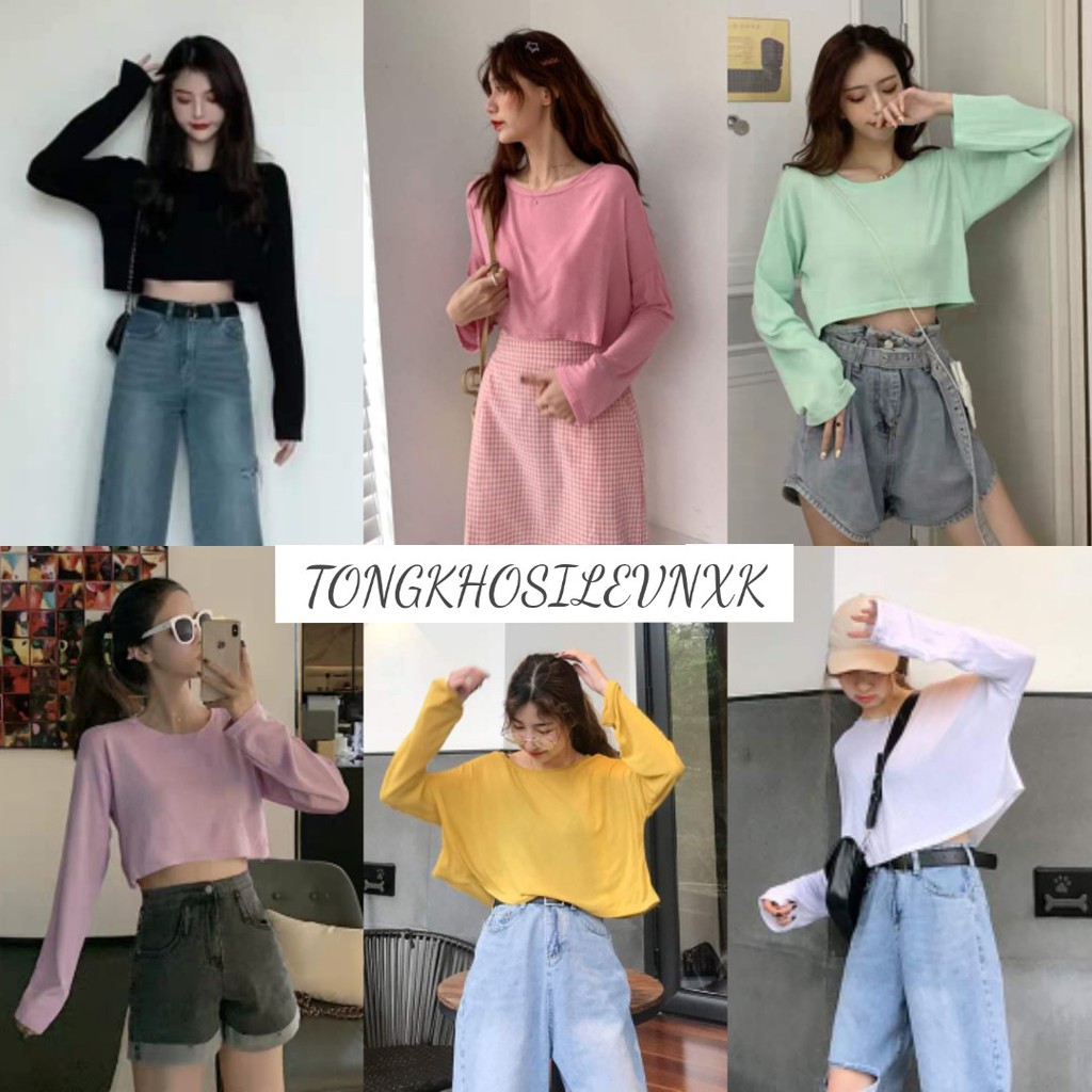 ÁO CROPTOP TRƠN DÀI TAY NHIỀU MÀU - ÁO THUN NỈ CROPTOP TÍM HOT