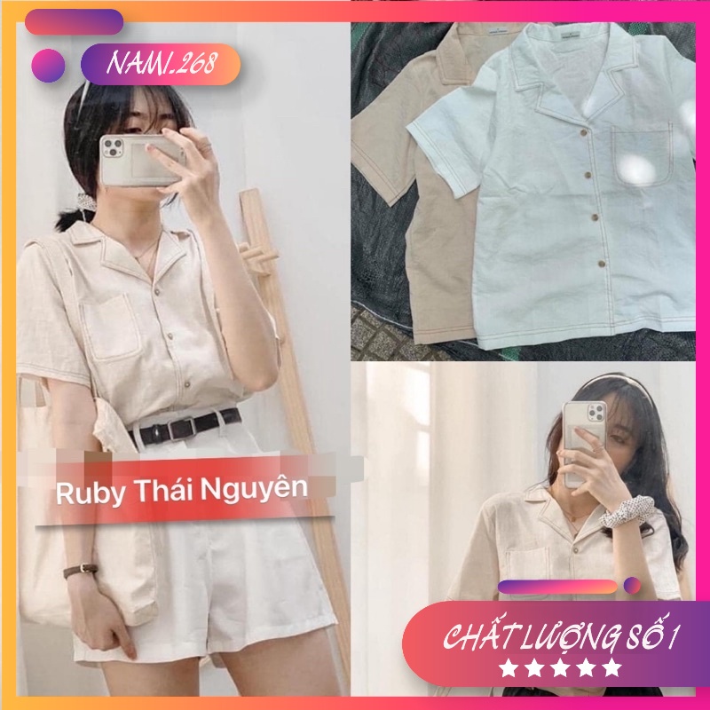 Áo Sơ Mi Nữ Thô Đũi Viền Cổ,Áo Kiểu Cộc Tay Cổ Vest Viền Chỉ Nổi Freesize( ảnh thật)