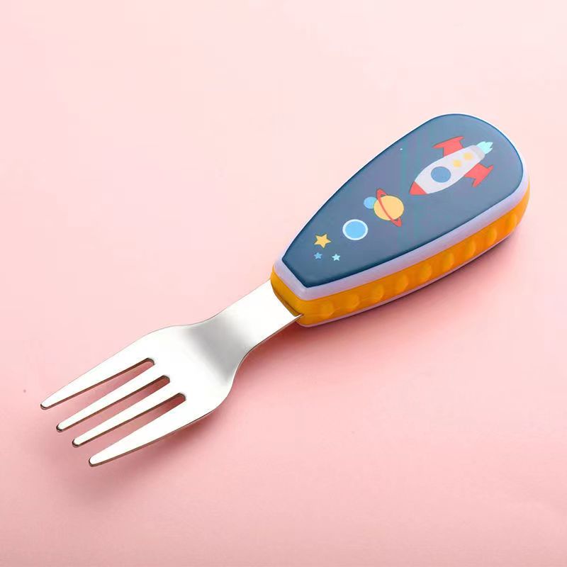Bộ Muỗng Nĩa Tay Cầm Ngắn Hình Hoạt Hình Cho Bé Tập Ăn Dặm