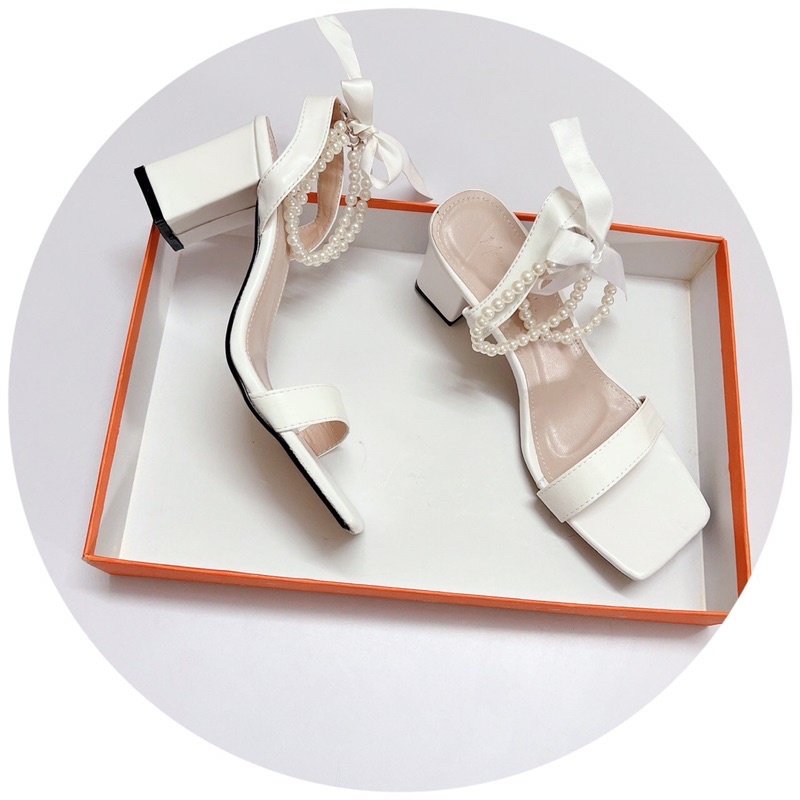 Bán Sỉ- Dép sandal nữ quai ngang da lì hai vòng ngọc cuốn cổ chân gót vuông 7cm