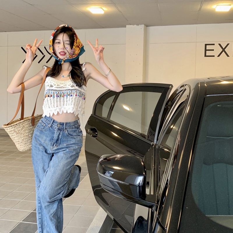Áo Croptop Dệt Kim Không Tay Đính Hạt Phối Tua Rua Thời Trang Đi Biển Cho Nữ