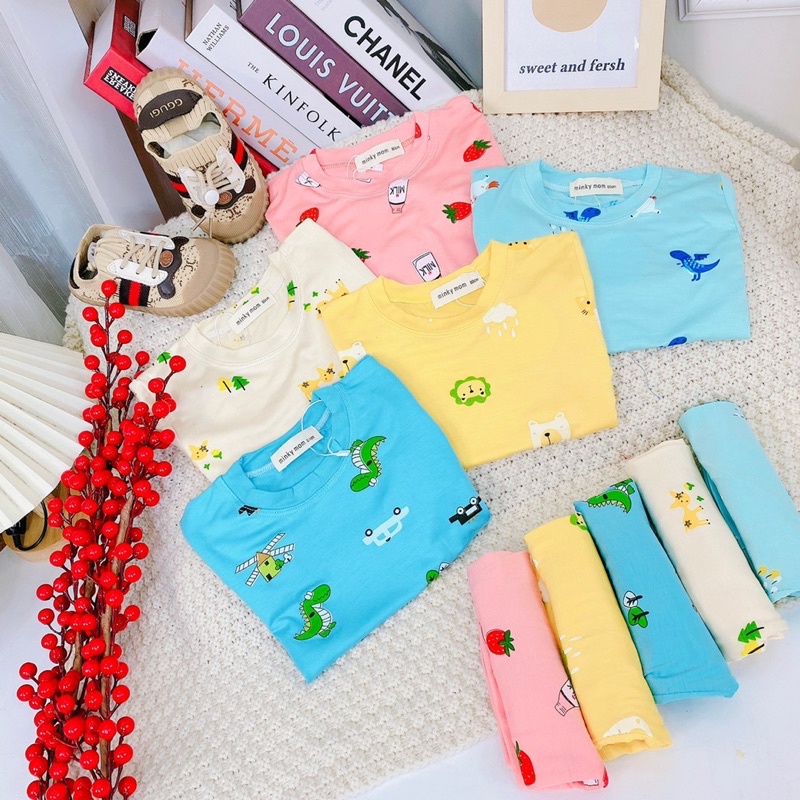 NT033 BỘ CỘC, NGẮN TAY, BỘ ĐÙI THUN LẠNH MINKY MOM HOẠ TIẾT IN TRÀN VIỂN CHO BÉ TRAI, BÉ GÁI, SƠ SINH