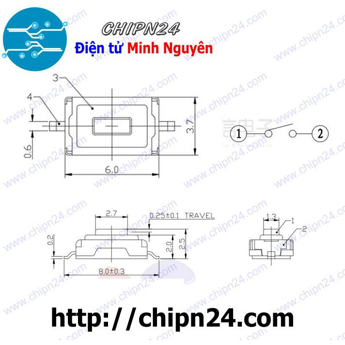 [10 CÁI] Nút nhấn 2 chân 3x6x2.5mm SMD Dán ĐỎ