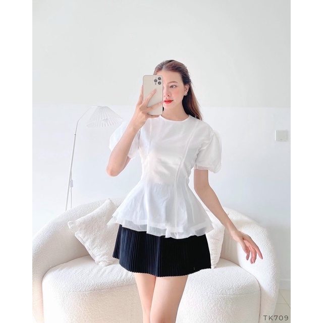 Áo peplum nữ tay phồng chít eo thanh lịch màu trắng công sở đi chơi đi tiệc cổ tròn khóa kéo 2 size