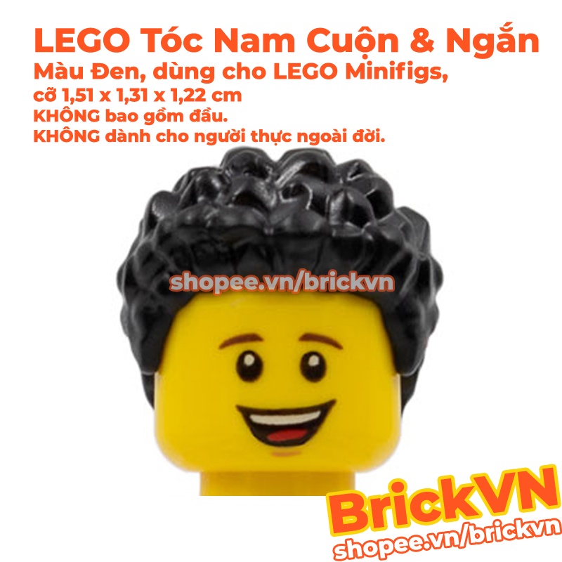 Phụ Kiện LEGO Minifigures: Tóc Nam Cuộn và Ngắn Màu Đen ID 6213798 36060, KHÔNG dùng cho người thật ngoài đời