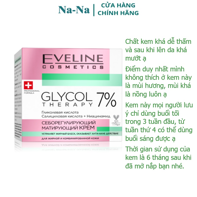 [Nhập khẩu chính hãng] Kem dưỡng cho da dầu, mụn, da hỗn hợp Eveline 7% giúp giảm thâm, ngừa mụn, kiểm soát dầu trên da