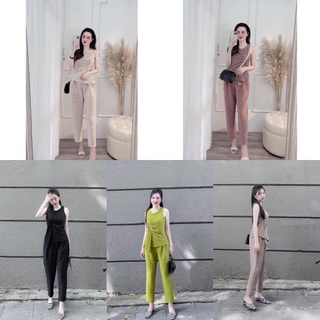 S787 Set áo sát nách nhún thân vạt chéo chất thun ly phối quần baggy cạp chun chiết ly