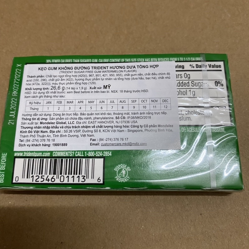 [14 Tép x1,9g][Dưa Hấu + Dưa Lưới]  Vỉ Cao Su Trident